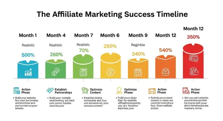 Affiliate marketing success timeline infographic showing growth over 12 months.